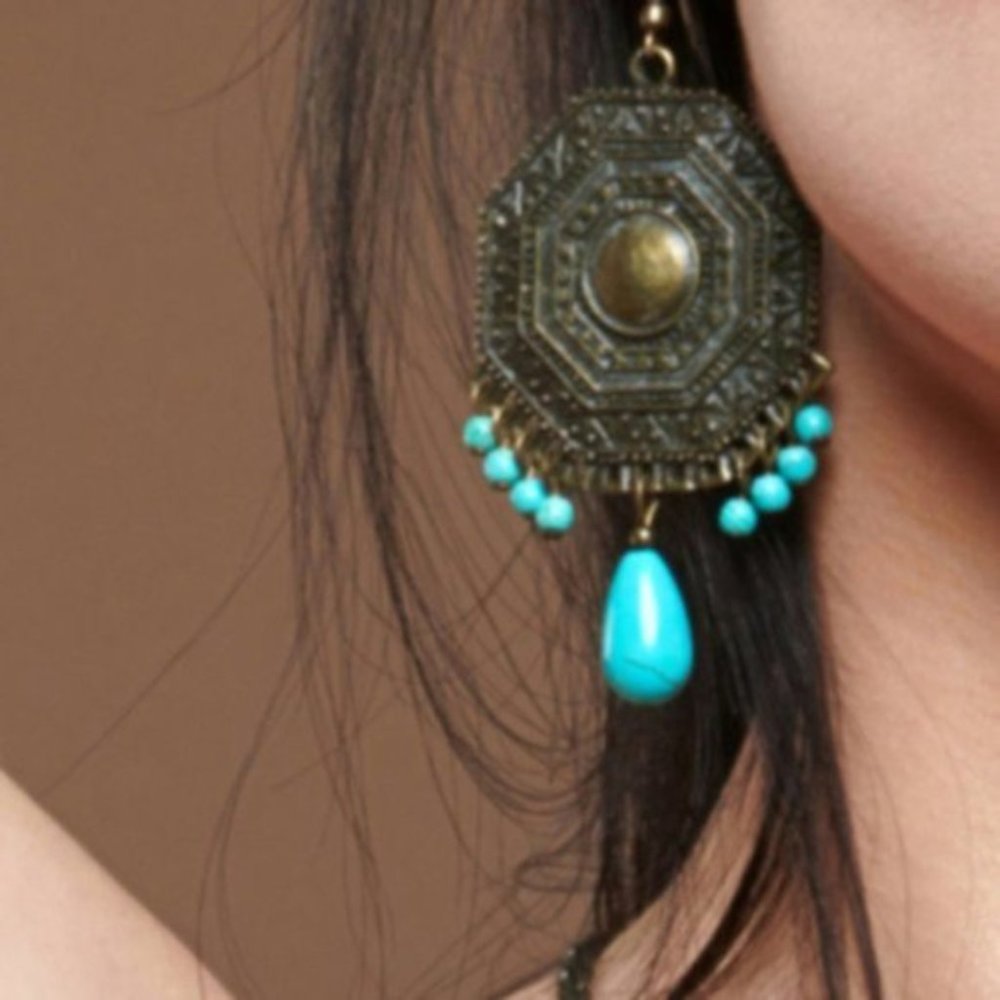 Designer Bohemian Chandeliers Gypsy Earrings Antique Bronze Turquoise Stone